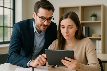 Two colleagues collaborating and looking at a tablet computer together in an office setting