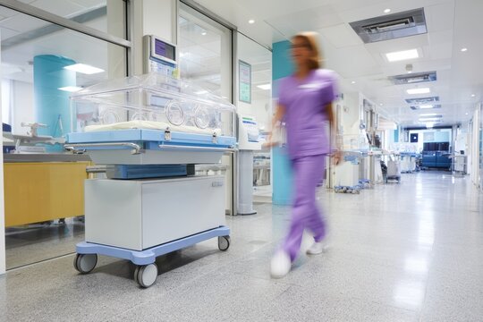 Hospital maternity ward working on incubators, hospital staff on the move - Powered by Adobe
