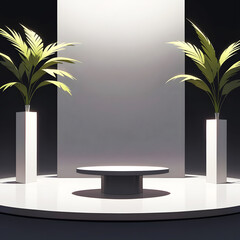 Minimalist Product Display Stage with White Pedestal, Spotlight, and Tropical Plants in Vases – Modern Empty Room for Showcase, Exhibition, or Presentation Background – Elegant Commercial Mockup