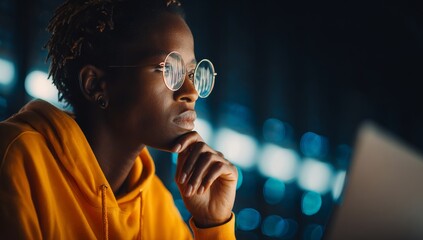 The server room is where a Black woman specialist, working as a network security expert and computer scientist, uses a laptop to focus on problem-solving in cybersecurity operations, working as an