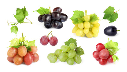 Different grape varieties and green leaves on white background, collage