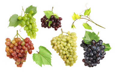 Different grape varieties and green leaves on white background, collage