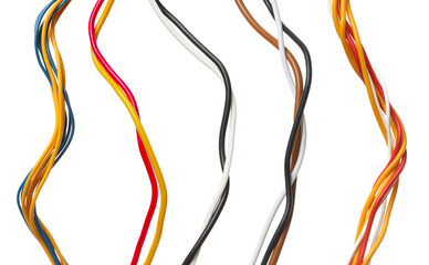 Different twisted electrical wires isolated on white, set