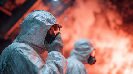 Engineers in Volcanic Energy Facility with Lava Glow and Heat Suits