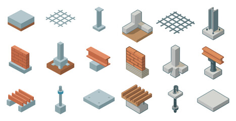 Construction and building isometric icons set – 3d, architecture and structural design visuals