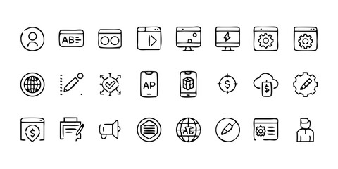  A line-style set of digital marketing web icons. Social media, networking, feedback, communication, marketing, and e-commerce. Vector illustrations.