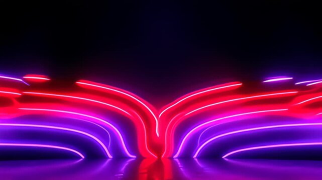 With a sharp fluidity, the neon tube Border Frame bending in rhythmic flow creates a captivating interplay of light and shadow, surrounded by dynamic arcs of purple and crimson that radiate