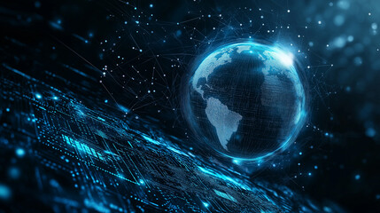 A futuristic digital technology background in glowing blue tones, featuring Earth in space, data streams, and abstract circuit designs representing global connectivity and innovation