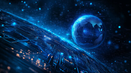 A futuristic digital technology background in glowing blue tones, featuring Earth in space, data streams, and abstract circuit designs representing global connectivity and innovation