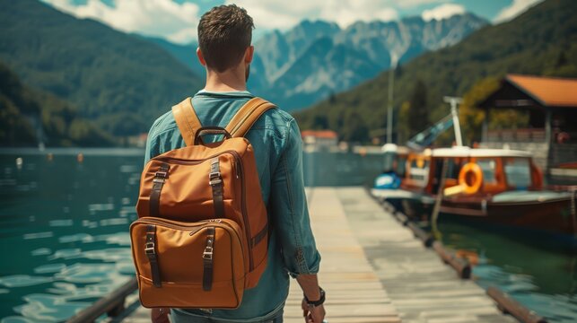 A young Caucasian man with a backpack stands on a wooden pier, gazing at the serene lake and mountainous landscape under a blue sky. - Powered by Adobe