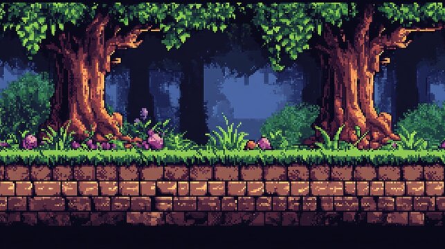 Pixel art forest path.  Stone wall borders a lush, dark forest path with large trees