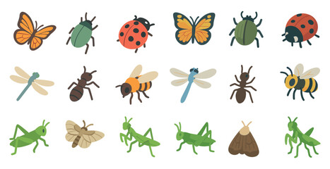 Naklejka premium Insect and bug flat icons set – silhouette, outline, nature and wildlife symbols
