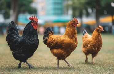 Fototapeta premium In the countryside, a natural farm is home to three chickens that feed on the land, alongside domestic birds that peck at the grass and barnyard fowl that cluster together, creating a rural scene