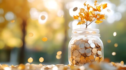 A glass jar filled with autumn leaves and shining coins symbolizing the concept of saving and growing one s financial resources during the changing seasons
