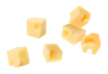 Cheese cubes in air against white background