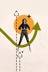 3D collage trend artwork composite poster of young lady stand hand hold together balance arrow up...