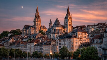 Fototapeta premium City skyline at sunset, old buildings