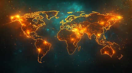 Glowing world map illuminated by fiery orange light against a cosmic nebula background
