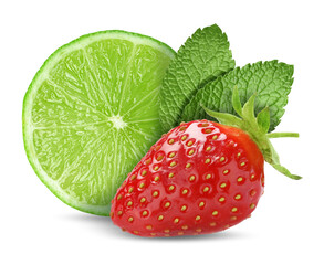 Fresh lime, strawberry and mint leaves isolated on white
