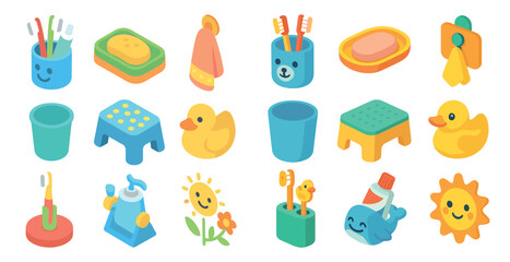 Cute baby essentials 3d icons set – flat, colorful, nursery and children symbols