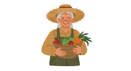 Illustration of a Happy Senior Woman Farmer Holding a Basket of Fresh Vegetables