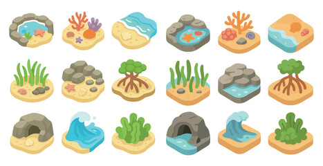 Nature and ocean elements 3d icons set &ndash; aquatic, marine, beach symbols