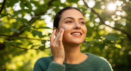 A smiling young woman applies skincare product to her cheek outdoors, with dappled sunlight filtering through green leaves in the background, suggesting a natural and healthy beauty routine.