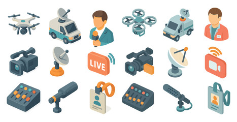Broadcast and media isometric icons set – 3d, flat, communication and news symbols