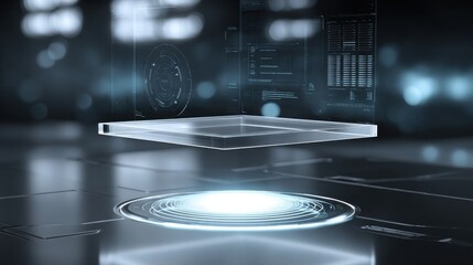 futuristic transparent glass podium hovering above a reflective black surface, glowing from below