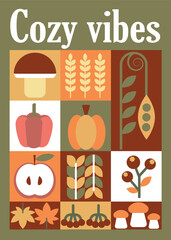 Autumn simple poster set. Autumn flyer set of designs Scandinavian mosaic. Banner autumn elements. Autumn design poster. Vector illustration.