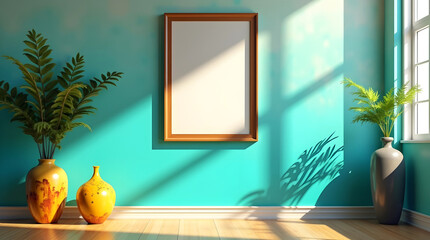 Modern minimalist interior with a blank wooden frame on a vibrant teal wall