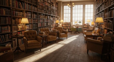 A sunlit library with floor-to-ceiling bookshelves, inviting armchairs, and reading lamps, creating a cozy and intellectual atmosphere
