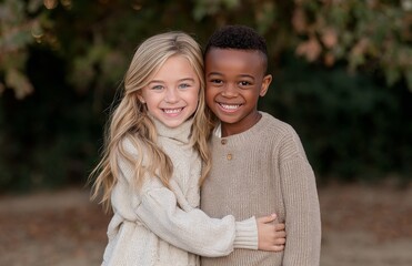 Fototapeta premium Diverse kids from different ethnicities come together, hugging each other tightly, their beaming faces filled with love, care, and joy, as they experience the magic of childhood, forming strong bonds