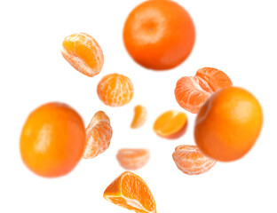 Juicy tangerines swirling in air against white background