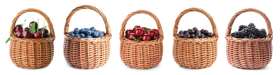 Different fresh berries in wicker baskets isolated on white, set