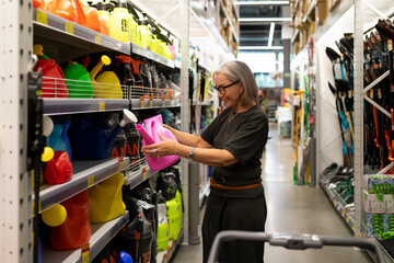 Middle-aged woman shopping for home and garden supplies in a large retail store during a casual day