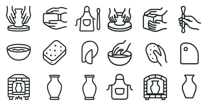 Pottery and crafting line icons set – outline, ceramic, clay creation symbols