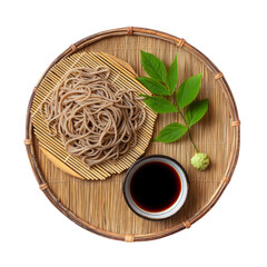 Soba noodles served on bamboo plate with dipping sauce, wasabi, and fresh leaves. traditional Japanese dish showcasing simplicity and flavor