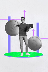 Trend graphics collage of young person use gadget make thumb up having big coins on white background