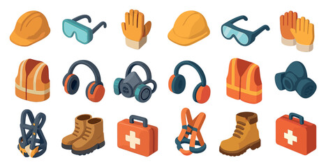 Construction safety isometric icons set – tools, equipment, protective gear images