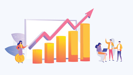 People around a rising bar graph with an arrow indicating growth and financial success illustration