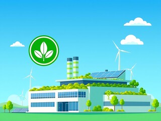 Fototapeta premium Flat vector of a green factory emitting leaf-shaped eco smoke — clean industrial design symbolizing sustainable production, low-emission manufacturing, and environmentally responsible industry practic