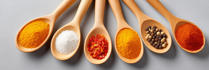Vertical arrangement of five rustic wooden spoons filled with colorful culinary spices, golden turmeric powder, fine white powder, coarse red chili flakes, rich orange ground spice,peppercorns.