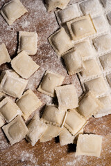 Fresh homemade uncooked ravioli pasta sprinkled with flour. Vertical Orientation