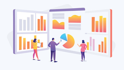 Illustration of people analyzing charts and graphs on large screens for data visualization