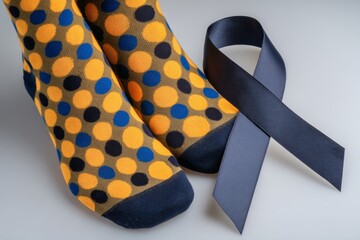 A blue background serves as the setting for a World Down syndrome day theme that highlights Down syndrome awareness through the symbols of socks and a ribbon