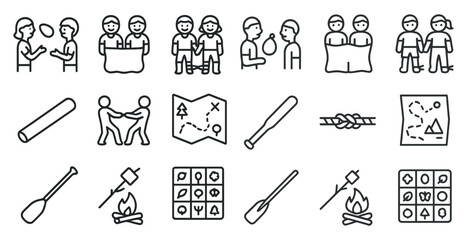 Camp games outline icons set – linear, hiking and outdoor activity symbols
