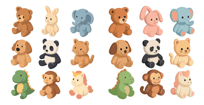 Cute animal toys icons set – flat, solid, baby and children decor symbols