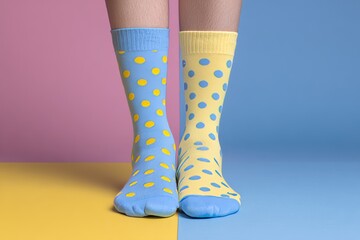 The background of World Down Syndrome Day features legs with differently colored socks as a symbol