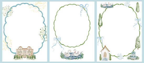 Set of hand drawn watercolor templates for wedding invitations and announcements. Includes blank frames with villa, swans, fireworks, and soft landscape. Editable and printable layout.